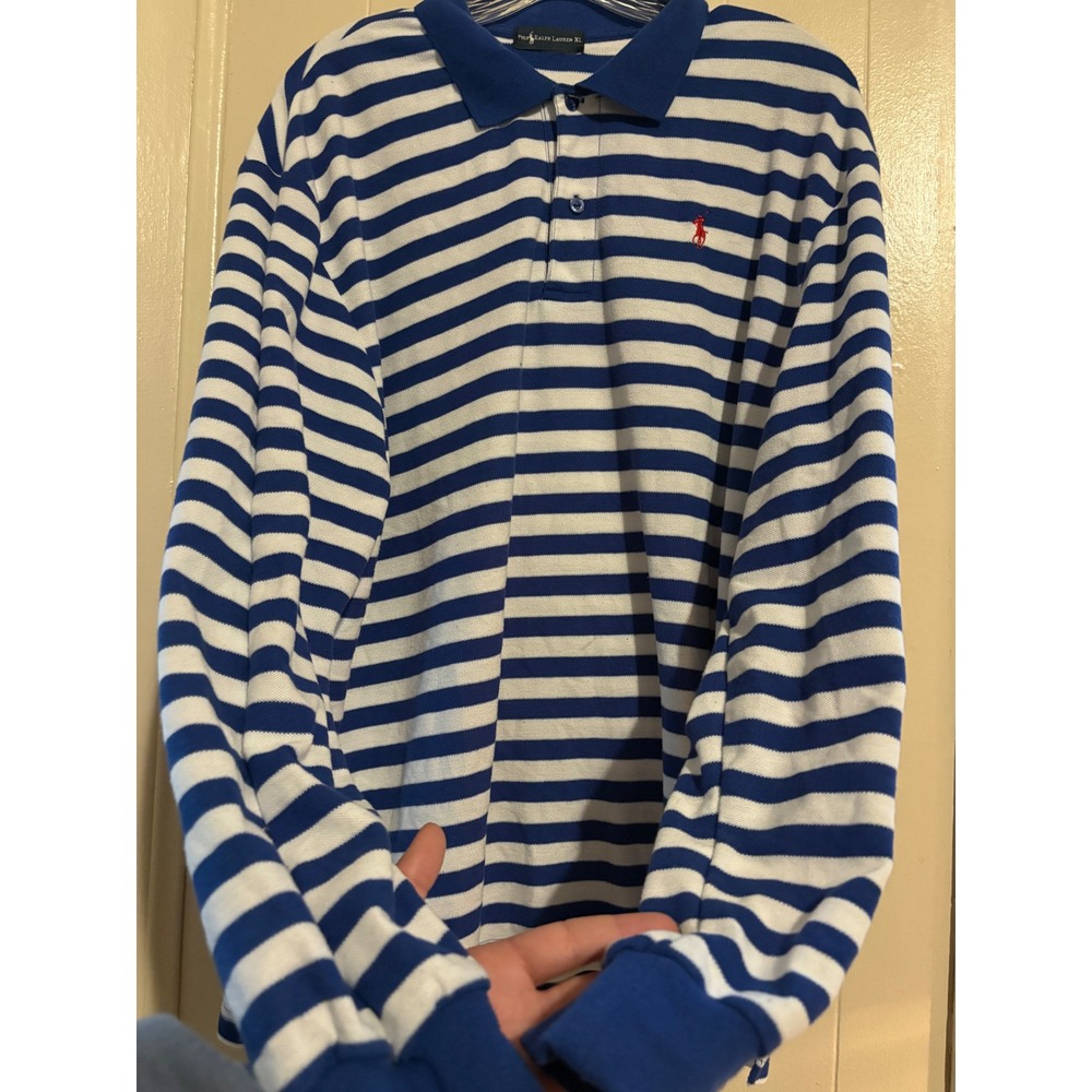 Polo Ralph Lauren XL Blue White Striped Long Sleeve Rugby Polo Shirt Red Pony